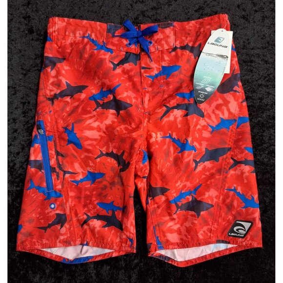 NWT Laguna Big Boys Red & Blue Shark Swim Trunks Size Youth 10/12 With UPF 50+ S - Picture 2 of 9